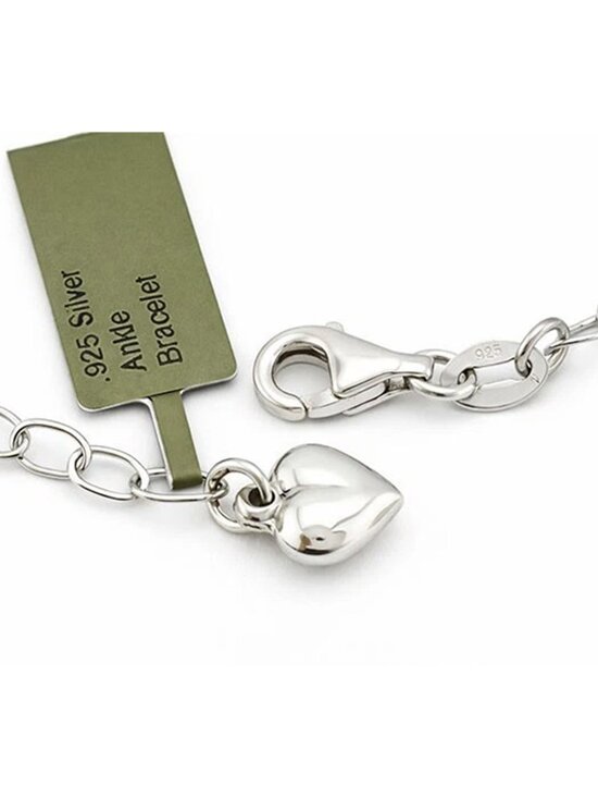 Heart Link Ankle Charm Bracelet Solid .925 Sterling Silver - Picture 4 of 5